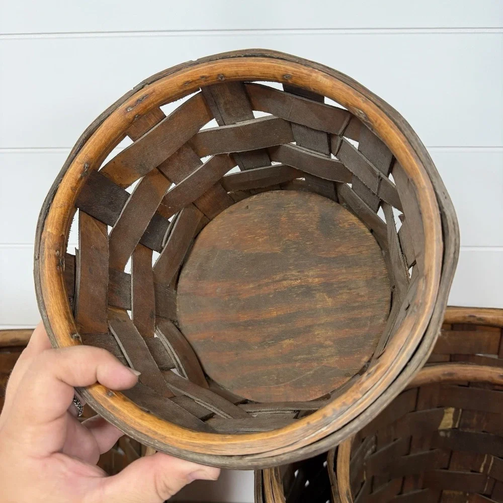 Antique S-XL Nesting Wood Splint Baskets *Flaws* Dark Woven Slats With Tacks